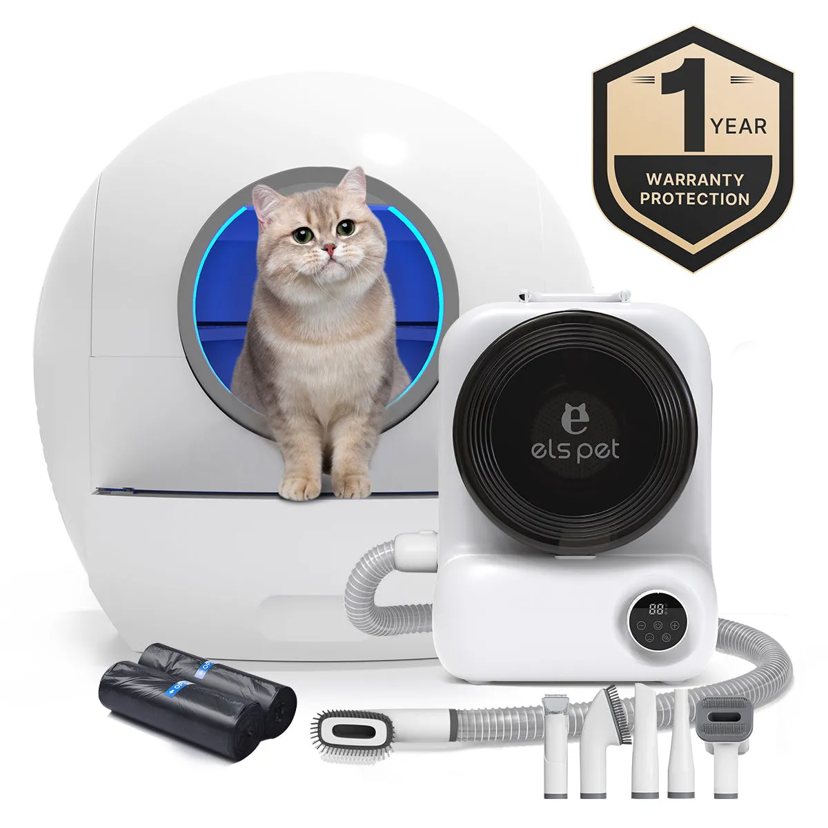 Els Pet Spaceship Self Cleaning Litter Box  Groomdora Grooming Vacuum Kit Bundle