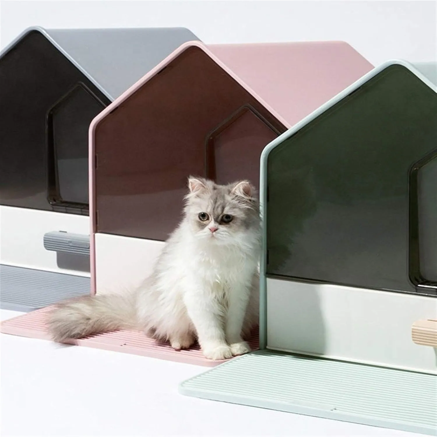 House Shape Hooded Cat Litter Tray with Scoop - Pink