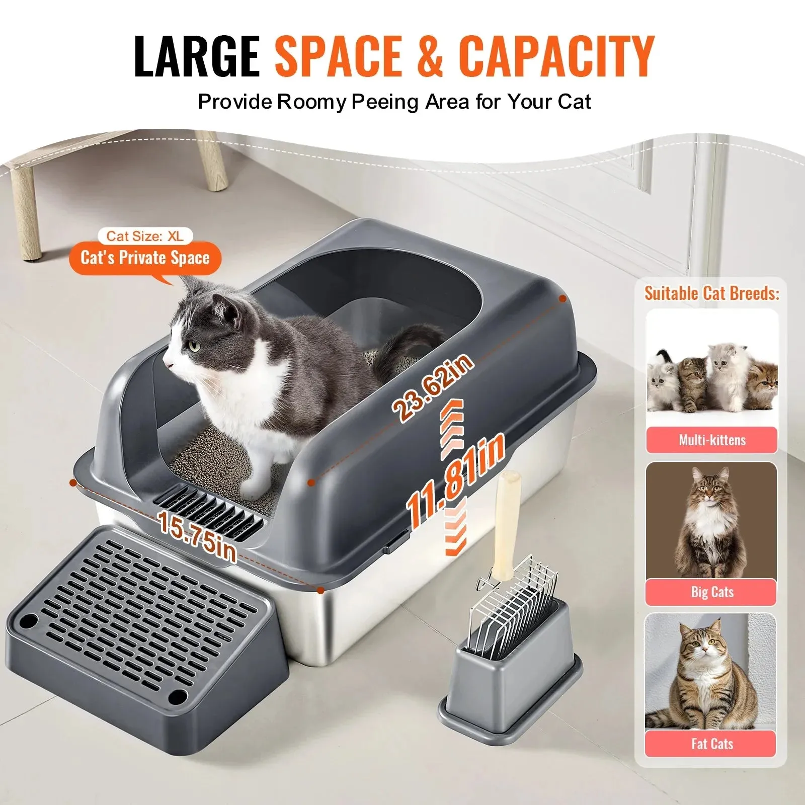 VEVOR Extra Large Stainless Steel Cat Litter Box